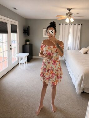 Wayf Cream Floral Off-Shoulder Mini Dress | Cottagecore